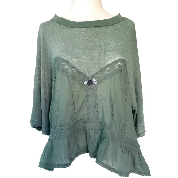 NEW Free People Fall In Love Lace Ruffle Tee Washed Army Green Womens Size M NWT - Picture 3 of 17